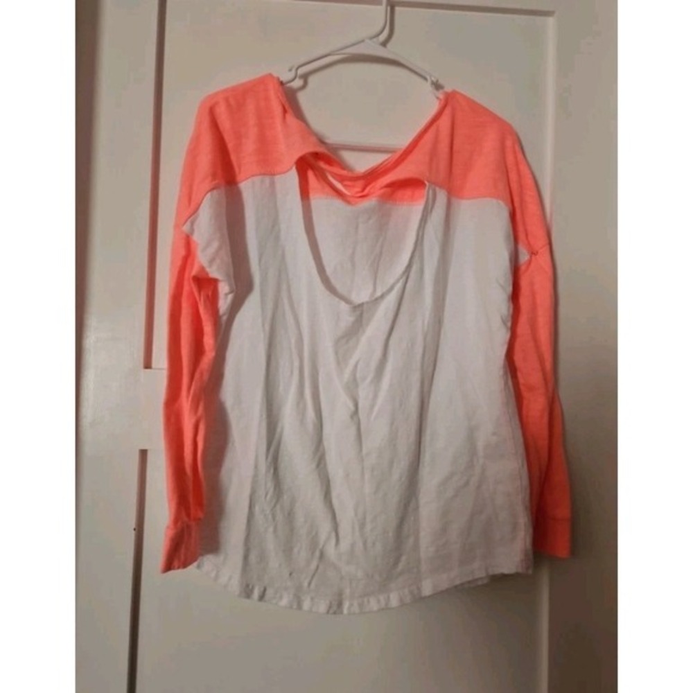 Bongo Women's Colorblock Open Back Long Sleeve‎ Top Neon Coral White Size L